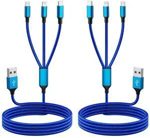 Multi Charging Cable(2Pack 4FT) Nylon Braided 3 in 1 Universal Phone Charger Fast Charging with Type-C/Micro USB and IP Port Compatible with Most Cell PhonesBlue