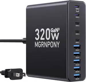 320W USB C Charger Block 10-Port USB C Charging Station GaN III PD 65W PC Laptop Fast Charger Adapter for MacBook Pro/Air  iPad iPhone  Galaxy Black