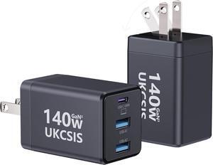 140W USB C Charger Block - 3-Port GaN Fast Chargers 2 Pack Foldable USB C Wall Charger Compact 100W Laptop Adapter for MacBook Pro/Air iPad Pro Galaxy iPhone Series Black