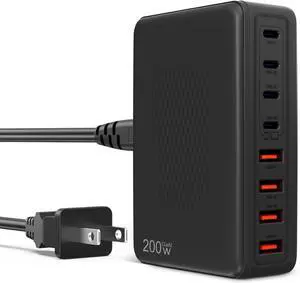 200W USB C Charger Block-Upgraded GaN III 8-Ports-Fast Charging Station Hub-PD 65W Fast USB C Laptop Charger Adapter Compatible with iPhone 16/15/Macbook Pro/Air/S23/ Steam Deck ect (Black)