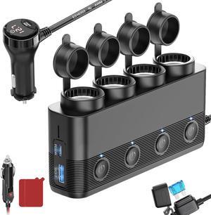 Cigarette Lighter Splitter Car Charger 300W 4 Socket Car Plug in Outlet 12V Adapter with Dual PD 36W and QC3.0 USB C Multi Port & Independent Switch & Dust Cover & Voltmeter for All Car Devices