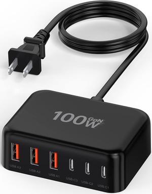USB C Charger Block 100W GaN 6 Port PD USB C QC USB A Wall Charger Adapter Plug Cube Super Fast Type C Charging Station Hub for iPhone 16 15 14 13 12 Pro Max iPad  Pixel 5ft Extension Cord