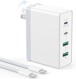 USB C Charger Block 140W 4-Port Fast Charger Charging Station with 6ft Cable Foldable Wall Charger PD 100W USB C Laptop Charger Adapter for MacBook Pro/Air/iPad Pro/iPhone 16/15/14/13 Galaxy