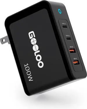 Gooloo 100W USB C Charger Block 4-Port Foldable Compact Fast Wall Charger for MacBook Pro/Air/iPad/iPhone Series and More SuperSafe Power Adapter for Gooloo GT4000S/GT3000 Jump Starters