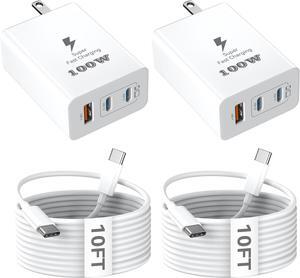 Mac Book Pro Charger 100W USB C Mac Book Air Charger Block with 10 FT Type C Cable for MacBook Pro/MacBook Air  Surface HP Spectre  Zenbook iPad iPhone 16 15 Galaxy S25 2 Pack