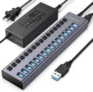 Powered USB 3.1 Hub 16 Ports USB 3.1 Hub with 10Gbps Data SpeedAluminum Housing USB Hub Powered with 96W Power Adapter USB Hub for PC/Laptop Computer Flash Drive Printer Camera