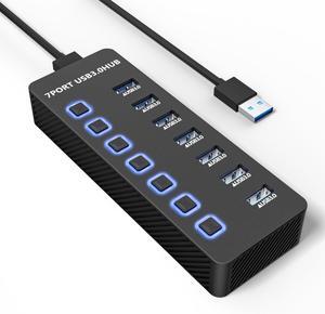 USB Hub 3.0 7 Port USB Data Hub Splitter with LED Individual On/Off Switches and Lights 5Gbps High Speed USB Port Expander for MacBook Mac Pro Mac Mini iMac Surface Pro XPS PC