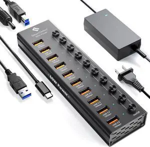 Powered USB 3.2 to Type-A Type-C Hub 10Gbps 10 Port Adapter Individual LED Switches end High-Speed Data Transfer Power Adapter 60W USB Extension for Laptop Flash Drive PC and More