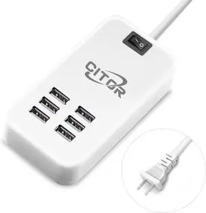 Multi USB Charger 6 Port USB Charging Station for Multiple Devices Phone Tablet Power Strip with ON/Off Switch (White)