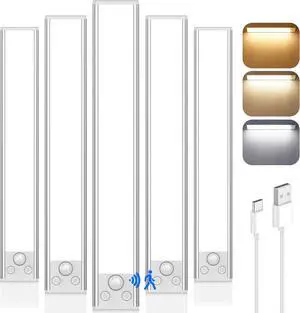 14in Under Cabinet Lighting 3200mAh Rechargeable Battery Powered Closet Lights with 3 Color Tempers 108 LED Wireless Motion Sensor Light Indoor Dimmable Lights for Kitchen Stair 5-Pack