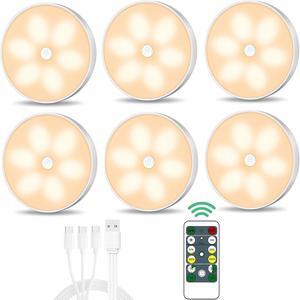 Warm Color LED Closet Lights Wireless Motion Sensor Puck Light USB Rechargeable Battery Operated Puck Lights with Remote Dimmable Under Cabinet Counter Lighting for Wardrobe Kitchen (6 Pack)