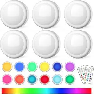 Puck Lights with Remote Control Battery Operated LED Push Lights Wireless 13 Color RGB - for Closet Bedroom Wall Under Cabinet Battery Powered Puck Lights. Convenient 3M Stick On 6 Pack