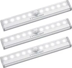 Motion Sensor LED Under Cabinet Lights 10 LED Light Strips for Closet Kitchen Bathroom Pantry - Battery Operated Wireless Peel and Stick 3 Pack