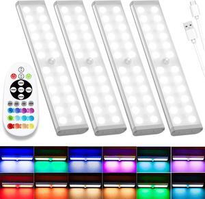 Under Cabinet Lights Wireless 58-LED Rechargeable Motion Sensor Closet Lights with Remote Control RGB Color Changing Under Counter Lights for Kitchen Pantry Bedroom Stairs 4 Pack
