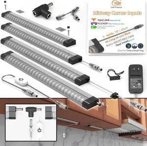 LED under cabinet lighting for kitchen Built-in Adjustable Cable CORNER INPUT under-counter light fixture 4 Pcs work bench Lights 1800 Lm 6500K Super Bright for Garage Closet Shelf Locker Bookcase