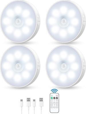 Motion Sensor Puck Light with Remote Wireless Dimmable Under Cabinet Lights Rechargeable Magnetic Closet Light Stick on Night Light 4-Pack