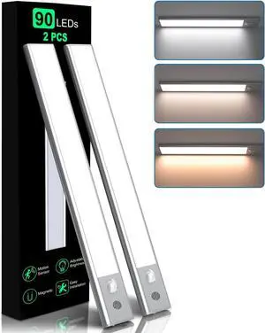 Closet Lights 90leds Motion Sensor Light Indoor 2000mah Rechargeable Under Cabinet Lighting Wireless with 3 Color Temps 2 Pack Magnetic Dimmable Under Counter Lights for Kitchen