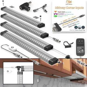 Under Cabinet Lights Hardwired Built-in Adjustable Cable Midway Input Bookshelf Plug in Light bar 4 Pcs Touch Light 1800 Lm 4500K Super Bright Energy for Shelves Closet Shelf Locker Bookcase