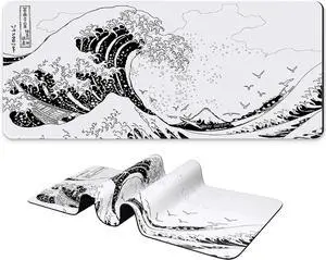 Long Gaming Mouse Pad 31.5 x 11.8 inches Extended Anime Mousepad Large Mouse Mat with Non-Slip Base Full Keyboard Mat with Stitched Edges for Gaming and Office (Grey White Wave)