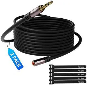 3.5mm Extension Cable 8 Feet (2 Pack) Male to Female Auxiliary Audio Stereo Cable Headphone Extension Cord Hi-Fi Sound Gold Plated Connectors OFC Core Black (with 5 pcs Cable Ties)