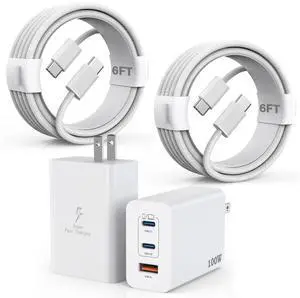 100W USB C Charger 2Pack 140W USB C to USB C Woven Cable 6FT Braided Cord 100W USBC Mac Book Pro Charger Block 6Foot Super Fast  Charging 3Port PD&AC Charge for MacBook Pro/iPhone 16/15/iPad Pro