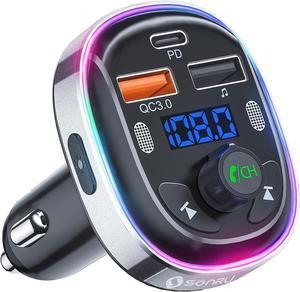 ? Bluetooth 5.3 FM Transmitter for Car Bluetooth Car Adapter PD 30W & QC3.0 18W Fast Car Charger Wireless FM Radio Music Adapter Stronger Dual Mics/7 Colored LED Backlit/Hands-Free Calling