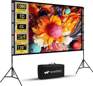 Projector Screen and Stand Wootfairy 120 inch Foldable and Portable Projection Screen 16:9 4K HD Rear Front Wrinkle-Free Movie Screen with Carry Bag for Indoor Outdoor Home Theater Backyard Cinema
