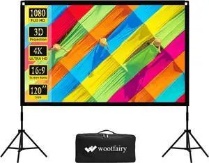 Projector Screen with Stand Wootfairy 120 inch Portable and Foldable Indoor Outdoor Projection Screen 16:9 4K HD Rear Front Wrinkle-Free Movie Screen with Carry Bag for Home Theater Backyard Cinema