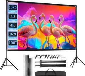 Outdoor Projector Screen with Stand 100 inch Foldable Projector Screens with Portable Carry Bag 16:9 4k HD Rear Front Wrinkle-Free Projection Screen for Movie Night and Indoor Home Theater