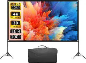 Projector Screen with Stand 100 Inch 16:9 4K HD Portable Projector Screen Indoor Outdoor Foldable Wrinkle-Free Movie Screen 160 Front Rear Projection Screen with Carry Bag for Home Movie