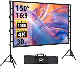 Outdoor Projector Screen with Stand: 150 inch Projector Screen Portable Indoor Projections Screen and Stand Rear Front Movie Screen 16:9 4K Full HD Support Height Adjustable for Home Theater