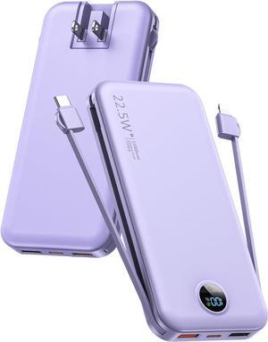 Portable Charger 12000mAh 22.5W USB C Fast Charging Power Bank with Built-in Cables and AC Wall Plug Smart LED Display Travel Essentials Battery Pack Compatible with iPhone iPad  etc Purple