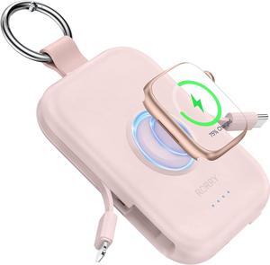 Portable Charger 5000mAh Portable Charger Power Bank with Built-in Cables Travel Keychain Battery Pack for  Watch Ultra 2/9/8/Ultra/7/6/SE/5 iPhone 16/15/14/13/12 Pink