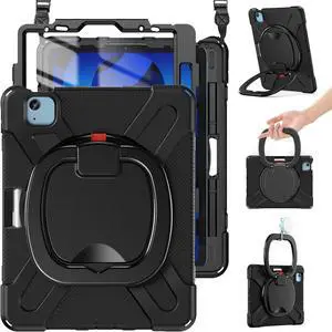Protective Case for iPad Air 11 7th/6th Gen M3/M2 (2025/2024) iPad Air 10.9 5th/4th Gen - Silicone Case w/Screen Protector Pencil Holder Shoulder Strap 360°Handle Grip & Kickstand Black