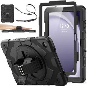 Case for  Galaxy Tab A9 Plus/ A9+ 11 Drop Protection with Meshdesign Case with Screen Protector Pencil Holder [360° Rotating Hand Strap] &Stand (Black)