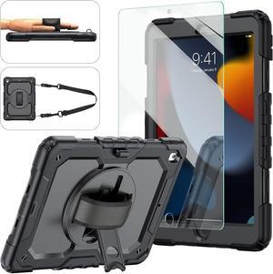 iPad 9th/8th/7th Generation Case iPad 10.2 Case 2021/2020/2019 [Kid Proof] ambison Full Body Protective Case with 9H Tempered Glass Screen Protector 360° Rotatable Kickstand & Hand Strap (Black)