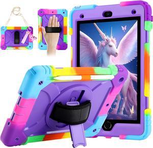 for iPad 9th/8th/7th Generation Case iPad 10.2 Case 2021/2020/2019 with Cute Key Chain Rugged Protective Case with 360°Rotating Stand & Shoulder Hand Strap & Pen Slot for 10.2 Inch (Rainbow Purple)