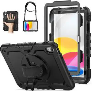 Case for iPad (A16) 11th/10th Generation 11/10.9 2025/2022 with Screen Protector Pencil Holder 360 Rotating Hand Strap & Stand Black