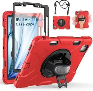 Case for iPad Air 11 Inch 2024: Military Grade Full-Body Protective Cover Case for iPad Air 11 - Rotating Stand - Hand/Shoulder Strap Red