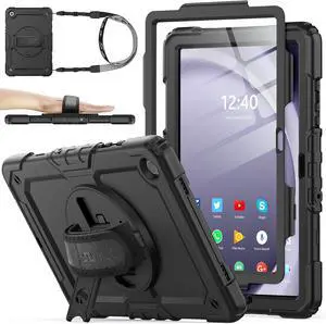 Case for  Galaxy Tab A9+ Plus 11 Full-Body Drop Protection Case with Screen Protector Pencil Holder [360° Rotating Hand Strap] &Stand Black