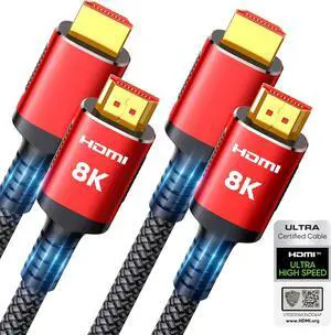 10K 8K Certified HDMI 2.1 Cable 10FT 2-Pack 48Gbps Ultra High Speed HDMI Braided Cord Support 8K@60Hz 4K@120Hz HDCP 2.2&2.3 eARC Dynamic HDR Compatible with TV/HDTV/PS-5