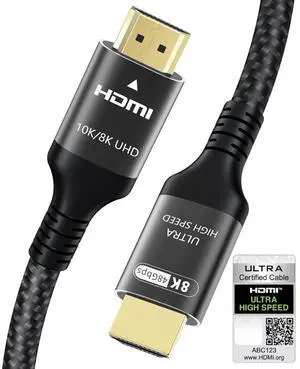 Certified 10K 8K HDMI 2.1 Cable 10 FT 48Gbps Ultra High Speed HDMI Cable with Ethernet 4K 240Hz 165Hz 144Hz 120Hz 8K60Hz eARC HDCP2.3 HDR10+ PC Laptop TV Monitor Projector