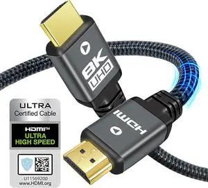 8K HDMI 2.1 Cable 10ft Certified Ultra High Speed Heavy Duty Nylon Braided HDMI 2.1 Cord 8K@60Hz 10K 4K@144Hz 4K@120Hz eARC HDCP 2.2 & 2.3 Dynamic HDR 3D for Monitor TV (10 Feet)