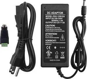 12V 5A Power Supply Adapter AC 100-240V to DC 12V Transformer for CCTV Security Surveillance Cameras Router LED Strip Light with Female Plug Connector Terminal UL-Listed by