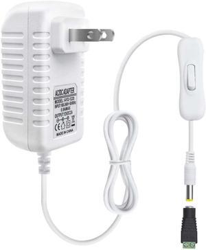 12 Volt 2A 24W Power Supply 12V DC Power Supply with On Off Switch White Switching LED Power Adapter AC 110V to 12V Wall Wart Transformer Plug for LED Strip Lights with 5.5/2.1 DC Female Connector