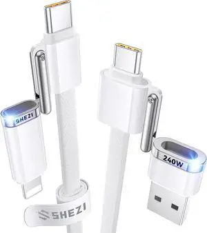 4-in-1 USB C to Lightning Cable 240W Fast Charging & Data Transfer Support to  CarPlay & Android Auto 5FT Travel Multi Cords Charger Combo for iPhone/iPad//MacBook Cable White