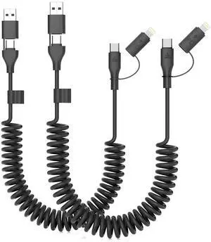 2 Pack Coiled USB C to C & Lightning Cable 3FT iPhone 15 16 Carplay Coiled USB C Cable 4 in 1 Car Charger Cord 60W Fast Charging Cable for iPhone  Supports  CarPlay & Android Auto -Black