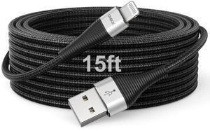 Extra Long iPhone Charger Cord 15FT [ MFi Certified] USB A to Lightning Cable Braided Fast Charging Cord Compatible with iPhone 14 Pro Max/Plus/13/12/11/X/XR/XS/SE/8/7/6/5/iPad - Black