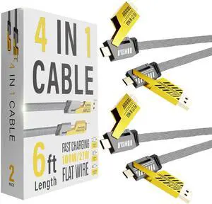 4 in 1 Charging Cable 2-Pack 100W USB C to Lightning Cable 6FT Fast Charging [480Mbps] Flat Nylon Braided Charger Cord with Lightn-ing/USB C/USB A Port for iPhone iPad & More