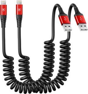 2 Pack Coiled Lightning Cable 3ft iPhone Charger Cable for Car [ MFi Certified] Lightning Cord Compatible with iPhone 14/13/12/11 Pro Max/XS MAX/XR/XS/X/8/7/Plus/6S iPad/iPod - Red